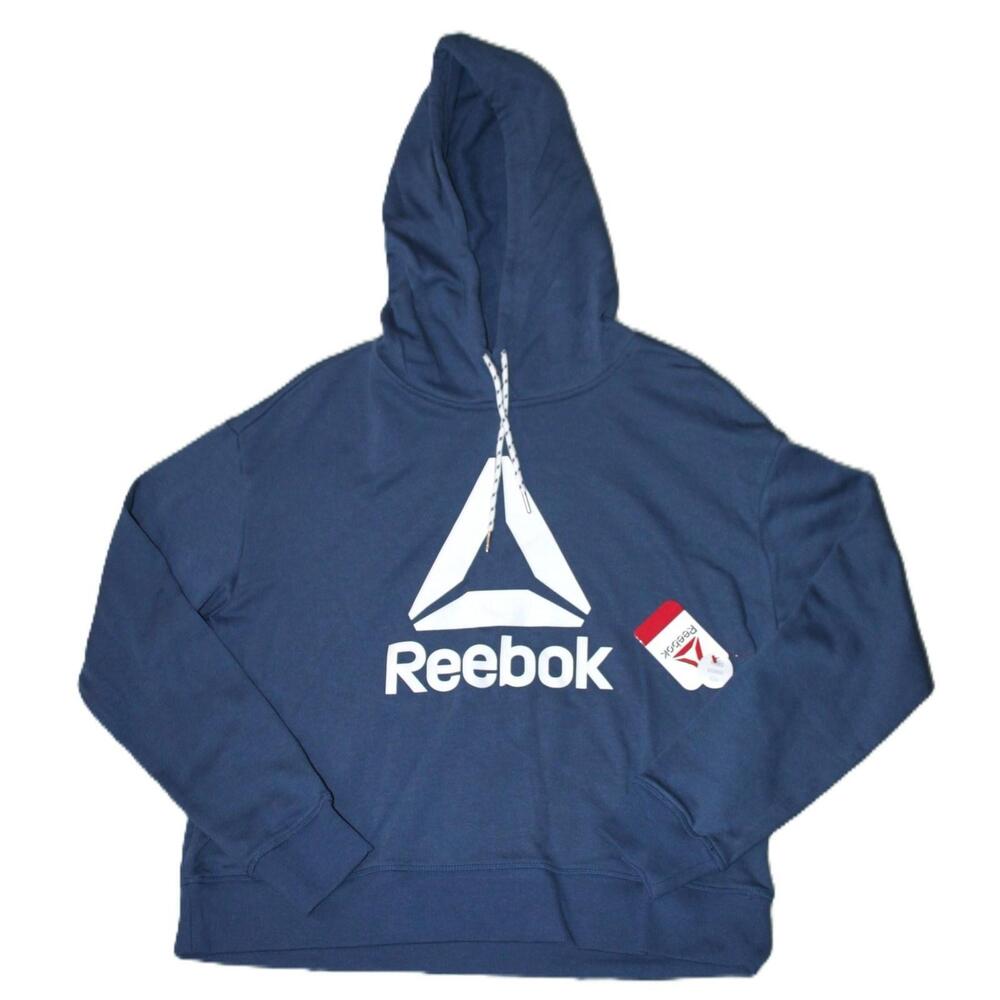 Reebok Hoodie Womens M Ensign Blue Crop Pullover Lined Logo Relaxed Fit Fleece